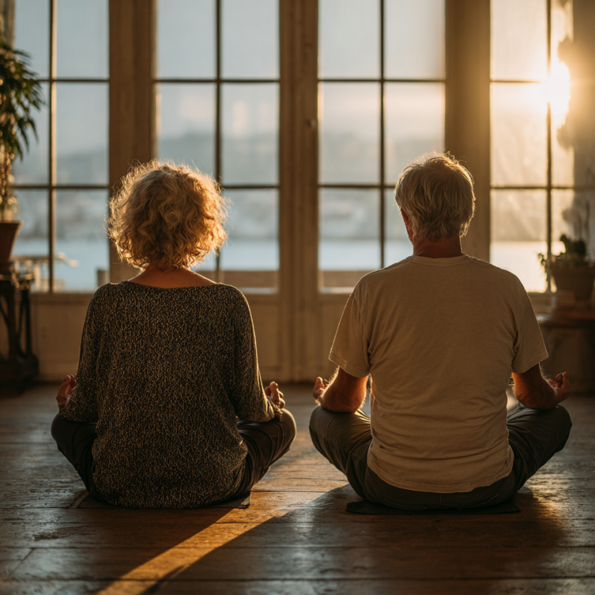 Жінка зрілого віку виконує йогу на природі