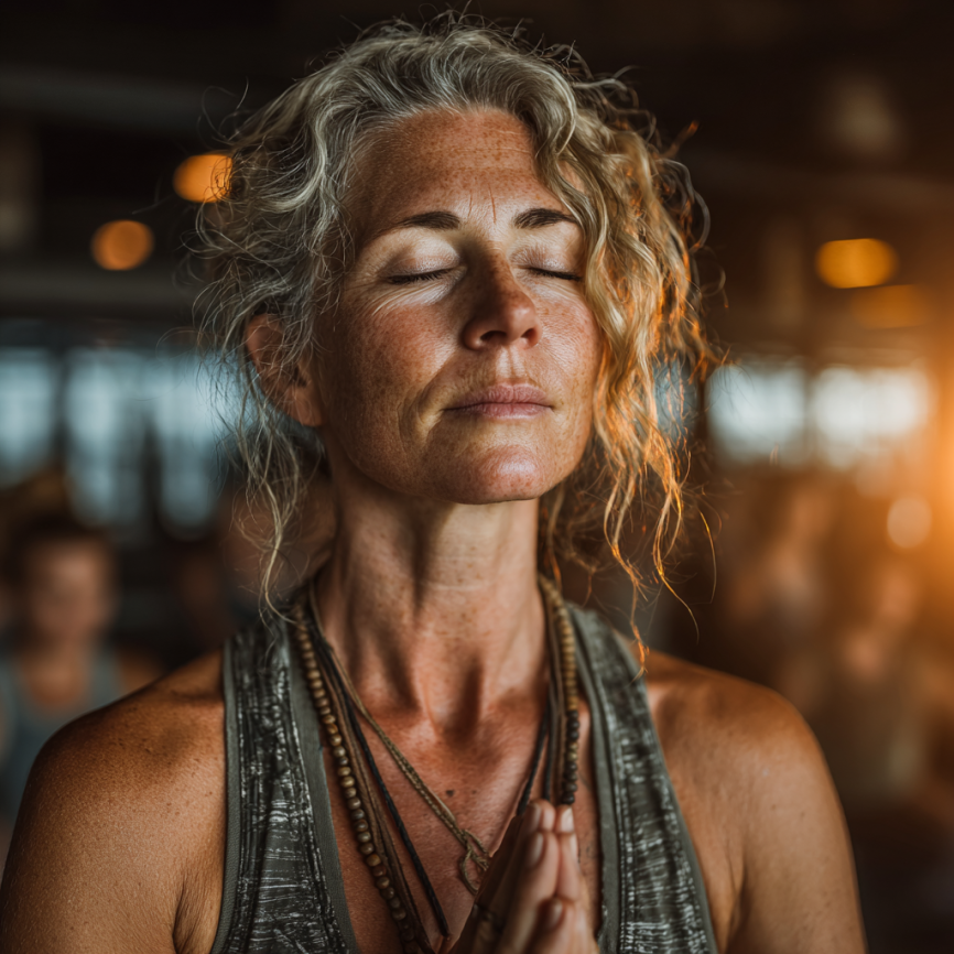 Група людей зрілого віку займається йогою у світлій студії