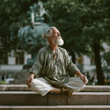Чоловік зрілого віку медитує у спокійному оточенні